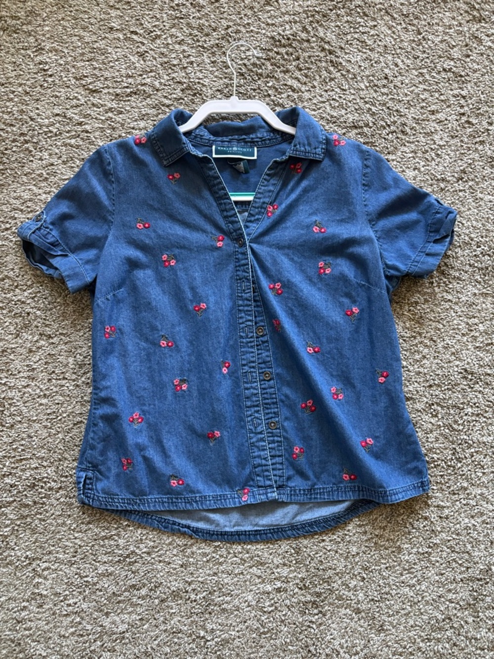 Karen Scott Blue Denim Button-Down Shirt with Red Cherry Embroidery